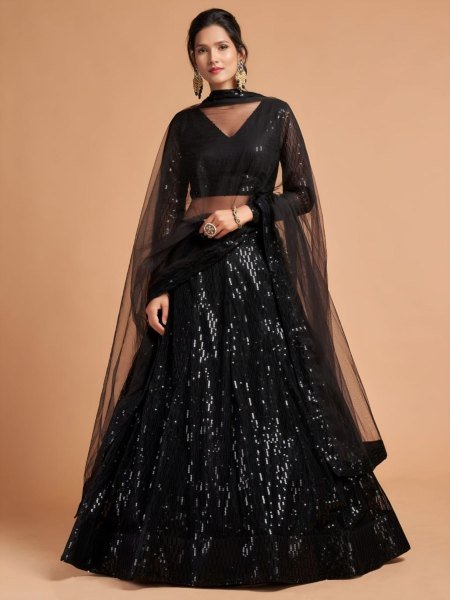 Breathtaking Black Soft Net Lehenga with Thread Sequins Embroidery Work 