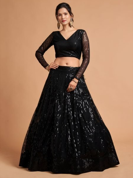 Breathtaking Black Soft Net Lehenga with Thread Sequins Embroidery Work Bollywood Lehenga Choli