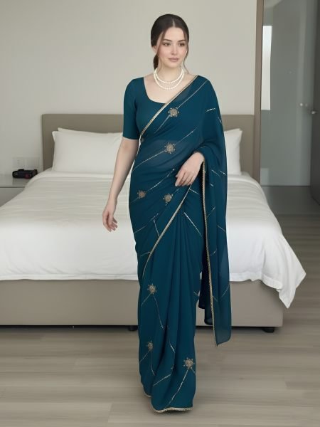 Breathtaking Blue Crush Rangoli Silk Party Wear Saree with Beads Embroidery For Wedding 
