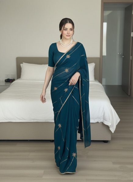Breathtaking Blue Crush Rangoli Silk Party Wear Saree with Beads Embroidery For Wedding Silk Sarees Wholesale