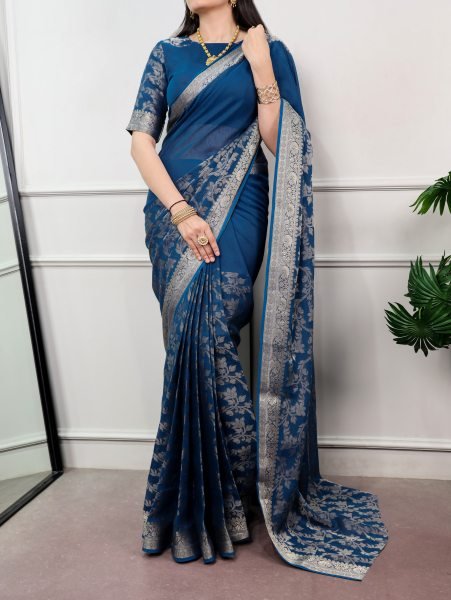 Breathtaking Blue Designer Poly Cotton Saree with Traditional Zari Work at Manufacturer  Cotton Sarees Wholesale