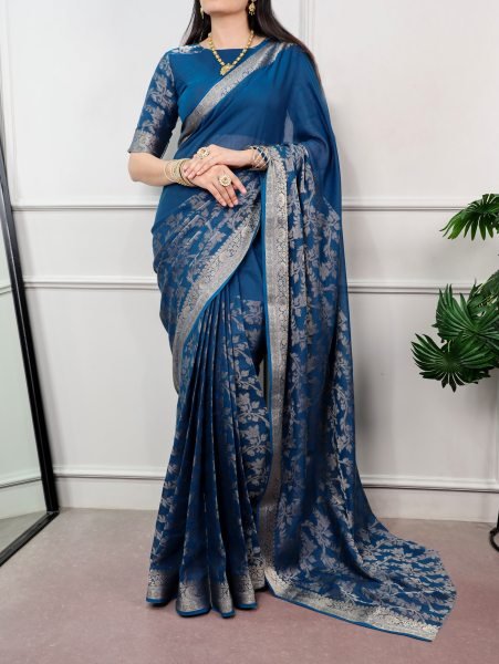 Breathtaking Blue Designer Poly Cotton Saree with Traditional Zari Work at Manufacturer  Cotton Sarees Wholesale