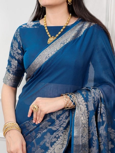 Breathtaking Blue Designer Poly Cotton Saree with Traditional Zari Work at Manufacturer  Cotton Sarees Wholesale