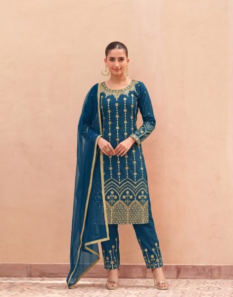 Breathtaking Blue Heavy Britaline Soft Silk Three Piece Suit Set with Mirror Embroidery Designer Plazzo Salwar Suits Wholesale
