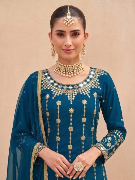 Breathtaking Blue Heavy Britaline Soft Silk Three Piece Suit Set with Mirror Embroidery Designer Plazzo Salwar Suits Wholesale