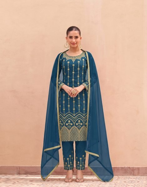 Breathtaking Blue Heavy Britaline Soft Silk Three Piece Suit Set with Mirror Embroidery Designer Plazzo Salwar Suits Wholesale