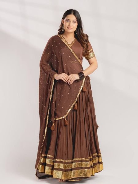 Breathtaking Brown Navratri Mul Chanderi Lehenga Choli with Gota Patti Work  Lehenga