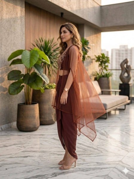 Breathtaking Brown Roman Silk Skirt Set with Soft Net Dupatta at Wholesale Rate Ready To Wear Collection