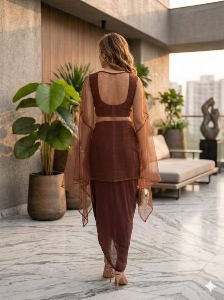 Breathtaking Brown Roman Silk Skirt Set with Soft Net Dupatta at Wholesale Rate Ready To Wear Collection