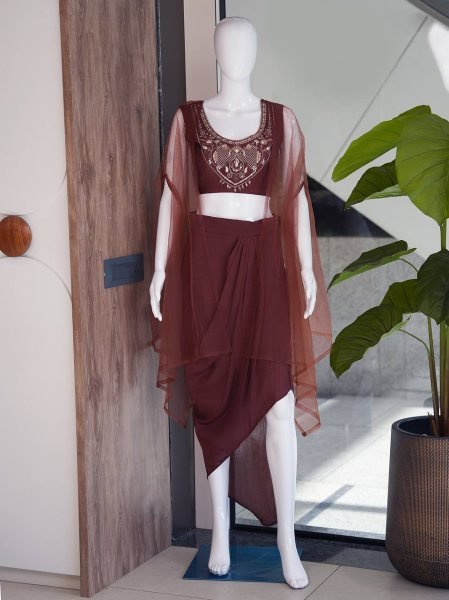 Breathtaking Brown Roman Silk Skirt Set with Soft Net Dupatta at Wholesale Rate Ready To Wear Collection