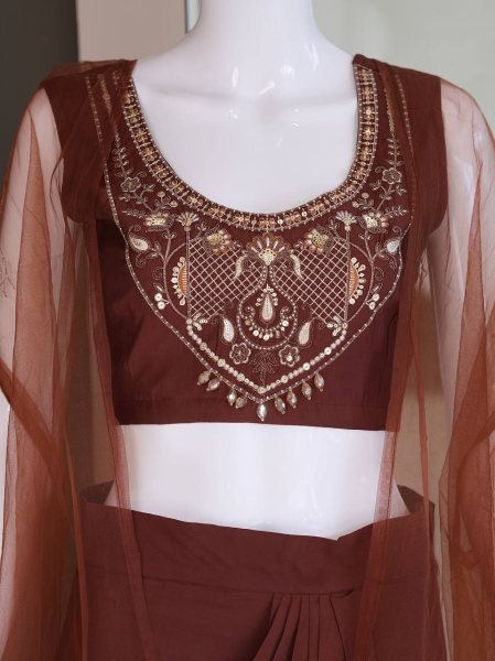 Breathtaking Brown Roman Silk Skirt Set with Soft Net Dupatta at Wholesale Rate Ready To Wear Collection