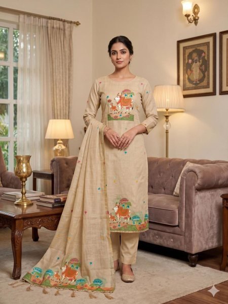 Breathtaking Cream Muga Cotton Jamdani Salwar Suit Dress Material with Pichwai Weaving Dress Material 