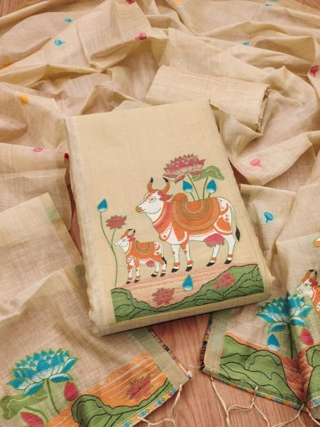 Breathtaking Cream Muga Cotton Jamdani Salwar Suit Dress Material with Pichwai Weaving Color Set Matching Dress Material Wholesale