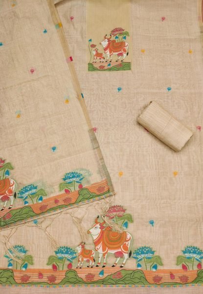 Breathtaking Cream Muga Cotton Jamdani Salwar Suit Dress Material with Pichwai Weaving Color Set Matching Dress Material Wholesale