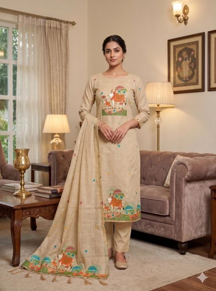 Breathtaking Cream Muga Cotton Jamdani Salwar Suit Dress Material with Pichwai Weaving Color Set Matching Dress Material Wholesale