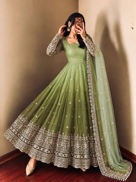 Breathtaking Green Georgette Gown Pant Dupatta Set with Sequin Work at Manufacturer  