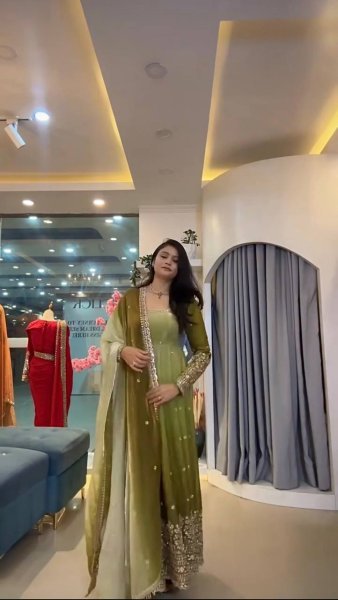 Breathtaking Green Georgette Gown Pant Dupatta Set with Sequin Work at Manufacturer  Ready To Wear Collection