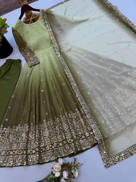 Breathtaking Green Georgette Gown Pant Dupatta Set with Sequin Work at Manufacturer  Ready To Wear Collection