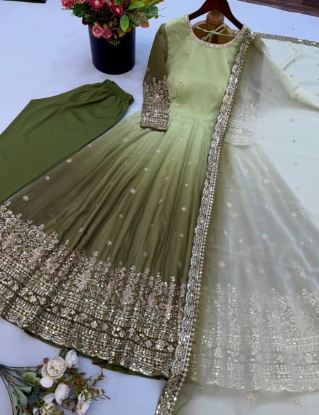 Breathtaking Green Georgette Gown Pant Dupatta Set with Sequin Work at Manufacturer  Ready To Wear Collection