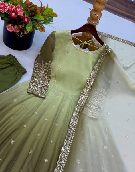 Breathtaking Green Georgette Gown Pant Dupatta Set with Sequin Work at Manufacturer  Ready To Wear Collection