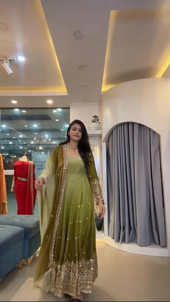 Breathtaking Green Georgette Gown Pant Dupatta Set with Sequin Work at Manufacturer  Ready To Wear Collection