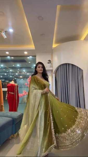 Breathtaking Green Georgette Gown Pant Dupatta Set with Sequin Work at Manufacturer  Ready To Wear Collection