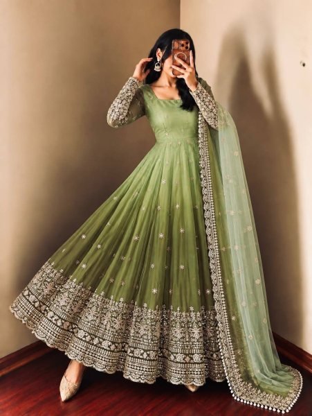Breathtaking Green Georgette Gown Pant Dupatta Set with Sequin Work at Manufacturer  Ready To Wear Collection