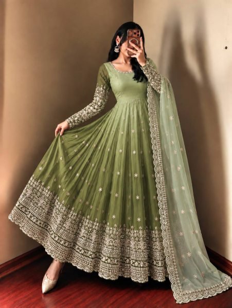 Breathtaking Green Georgette Gown Pant Dupatta Set with Sequin Work at Manufacturer  Ready To Wear Collection