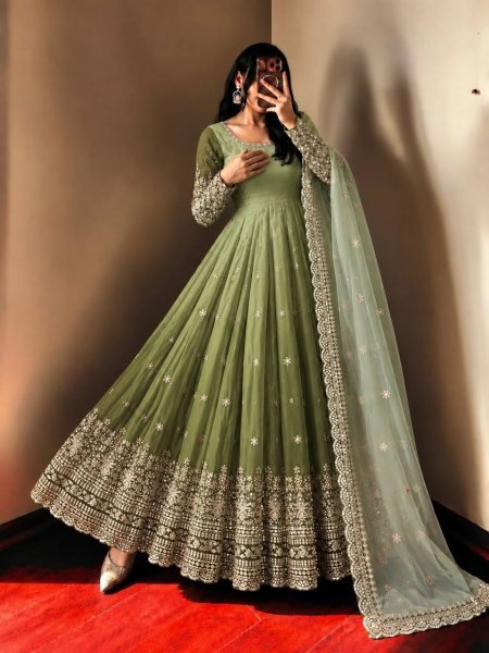 Breathtaking Green Georgette Gown Pant Dupatta Set with Sequin Work at Manufacturer  Ready To Wear Collection