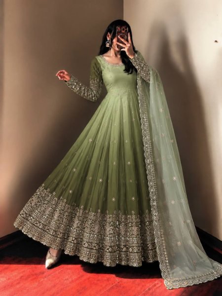 Breathtaking Green Georgette Gown Pant Dupatta Set with Sequin Work at Manufacturer  Ready To Wear Collection