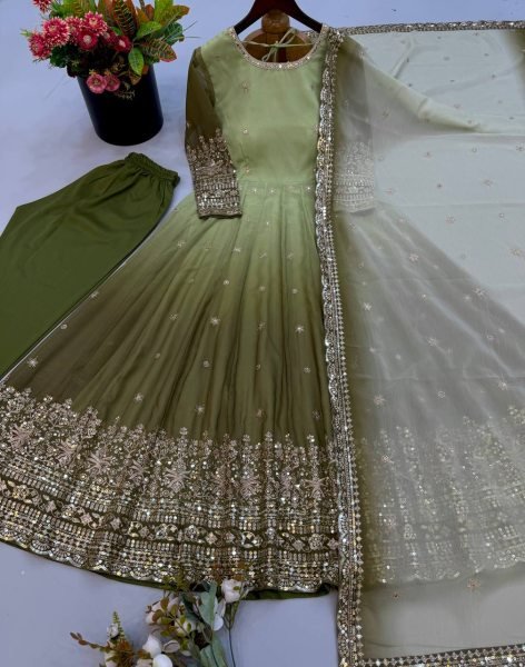 Breathtaking Green Georgette Gown Pant Dupatta Set with Sequin Work at Manufacturer  Ready To Wear Collection
