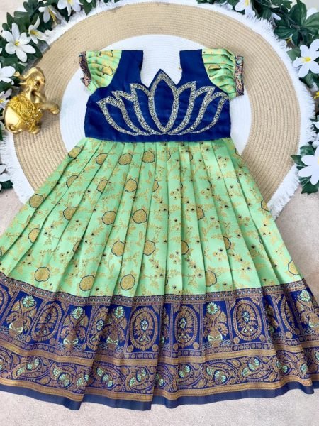 Breathtaking Green Jacquard Silk Gown with Maggam Work for Festive Wear Girls Wear
