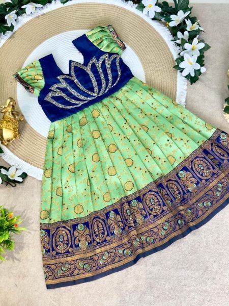 Breathtaking Green Jacquard Silk Gown with Maggam Work for Festive Wear Girls Wear