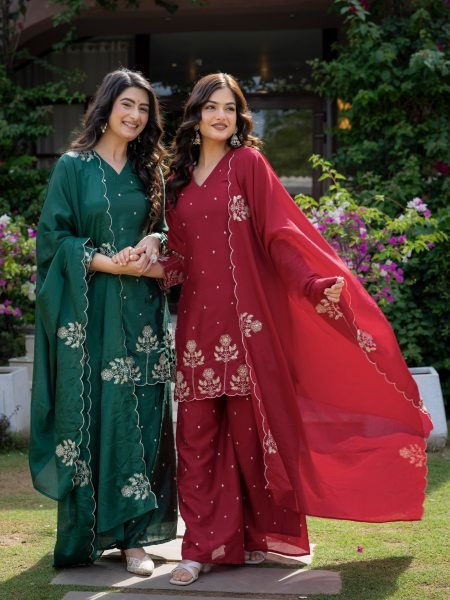 Breathtaking Green Stylish Embroidered Kurti Set with Chinnon Fabric for Ethnic Wear Collection Ready To Wear Collection
