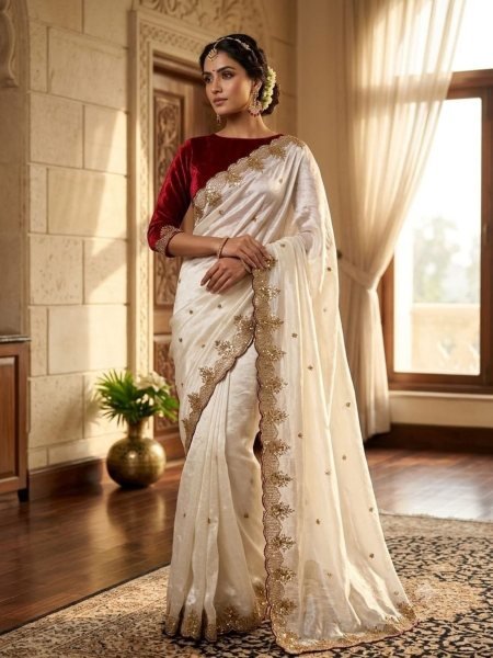 Breathtaking Ivory Designer Space Silk Saree with Matching Blouse and Elegant Zari Work At Wholesale Rate 