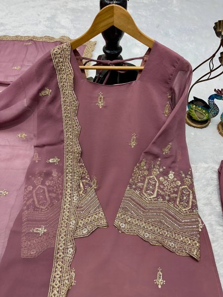 Breathtaking Lavender Fox Georgette Embroidery Suit Set with Moti Work   Cutwork Dupatta for Function Wear   Straight Cut Long Kurtis