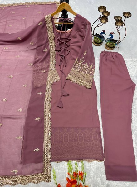 Breathtaking Lavender Fox Georgette Embroidery Suit Set with Moti Work   Cutwork Dupatta for Function Wear   Straight Cut Long Kurtis
