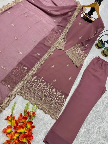 Breathtaking Lavender Fox Georgette Embroidery Suit Set with Moti Work   Cutwork Dupatta for Function Wear   Straight Cut Long Kurtis