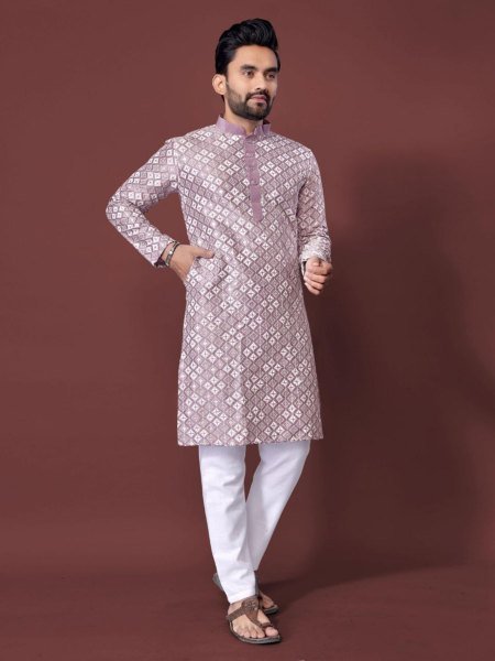 Breathtaking Lavender Men's Soft Silk Kurta Collection with Cotton Pyjama for Wedding Wear Mens Wear