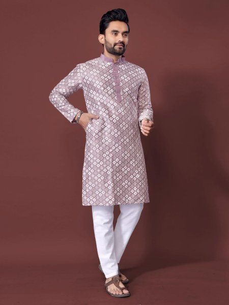 Breathtaking Lavender Men's Soft Silk Kurta Collection with Cotton Pyjama for Wedding Wear Kurta Pajama Wholesale