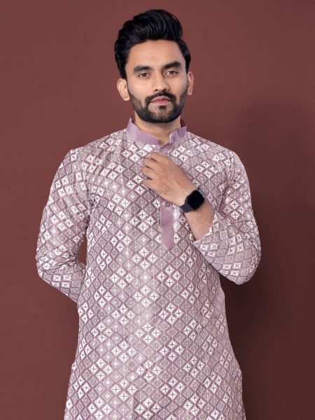 Breathtaking Lavender Men's Soft Silk Kurta Collection with Cotton Pyjama for Wedding Wear Kurta Pajama Wholesale