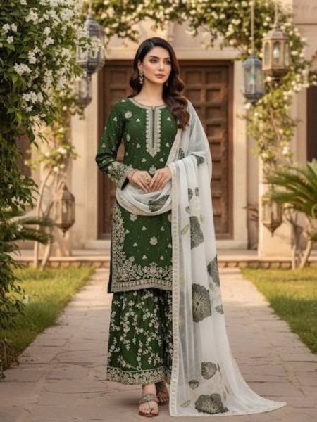 Breathtaking Mehendi Green Party Wear Embroidered Top Plazo Set with Diamond Work Dupatta at Wholesale Rate Kurtis