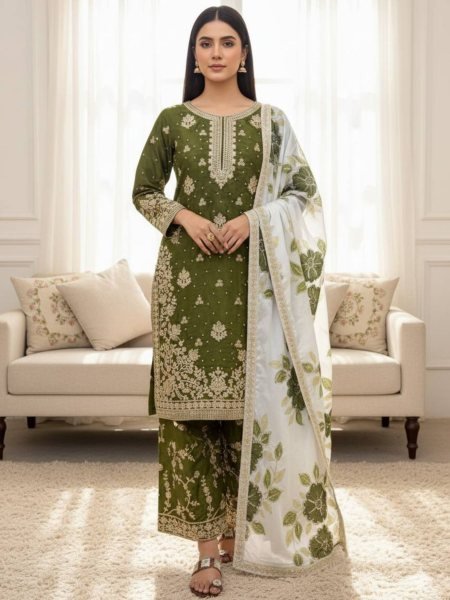 Breathtaking Mehendi Green Party Wear Embroidered Top Plazo Set with Diamond Work Dupatta at Wholesale Rate Embroidery Kurtis 
