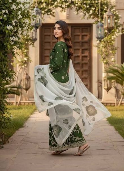 Breathtaking Mehendi Green Party Wear Embroidered Top Plazo Set with Diamond Work Dupatta at Wholesale Rate Embroidery Kurtis 