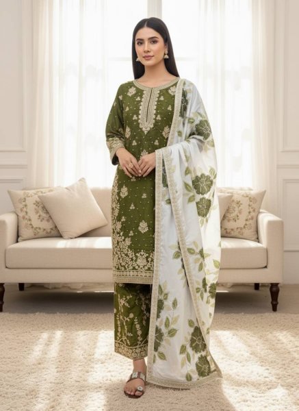 Breathtaking Mehendi Green Party Wear Embroidered Top Plazo Set with Diamond Work Dupatta at Wholesale Rate Embroidery Kurtis 