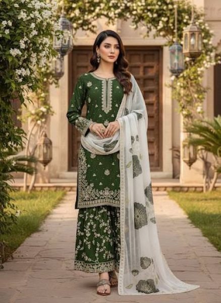 Breathtaking Mehendi Green Party Wear Embroidered Top Plazo Set with Diamond Work Dupatta at Wholesale Rate Embroidery Kurtis 