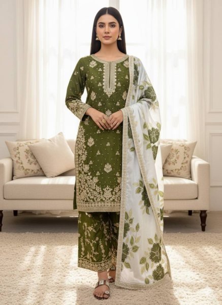 Breathtaking Mehendi Green Party Wear Embroidered Top Plazo Set with Diamond Work Dupatta at Wholesale Rate Embroidery Kurtis 