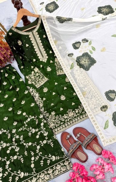 Breathtaking Mehendi Green Party Wear Embroidered Top Plazo Set with Diamond Work Dupatta at Wholesale Rate Embroidery Kurtis 
