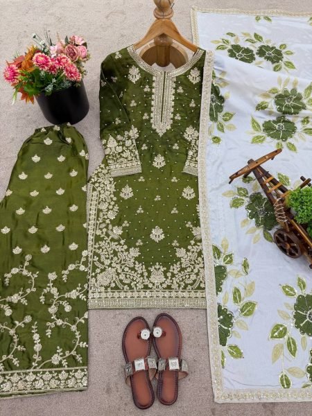 Breathtaking Mehendi Green Party Wear Embroidered Top Plazo Set with Diamond Work Dupatta at Wholesale Rate Embroidery Kurtis 