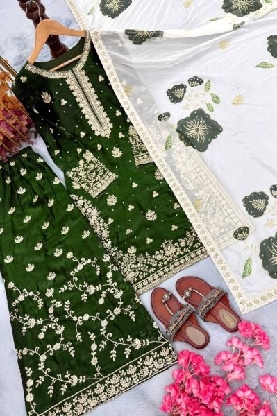 Breathtaking Mehendi Green Party Wear Embroidered Top Plazo Set with Diamond Work Dupatta at Wholesale Rate Embroidery Kurtis 